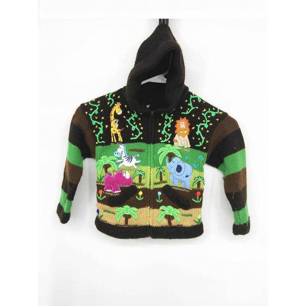 Kids Nature Scene Hooded Knitted Sweater Zip Up with Pockets